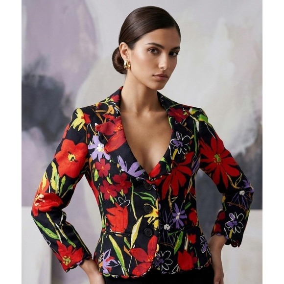Carlisle Jackets & Blazers - Carlisle, VTG 90s Black Floral Blazer, Short Scalloped Hem